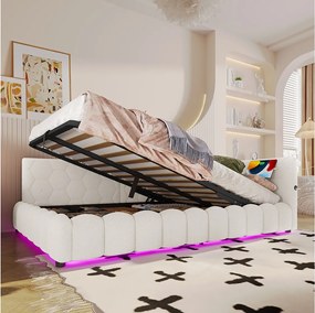 Sofa dziecięca rozkładana - 140 x 200 cm - z diodami LED + schowek hydrauliczny + USB - welurowa - biała