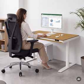 Biurko elektryczne sit-stand z szufladą i ładowarką bezprzewodową Qi białe/złoty dąb, 1200 mm: ELLIS