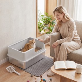 PawHut Kuweta XL ze stali nierdzewnej z pokrywą, wysokie ścianki, szufelka, szczotka, mata dla kotów do 8 kg jasnoszara | Aosom PL