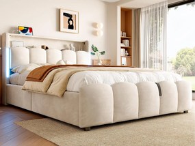 Tapicerowane łóżko z pojemnikiem 140x200 cm - z oświetleniem LED - z portami USB + Type-C - welur - beżowy (materac nie jest dołączony)