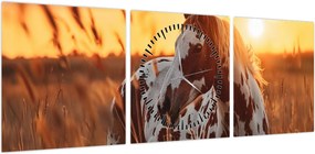 Obraz - Koń o zachodzie słońca (z zegarem) (90x30 cm)