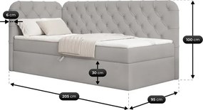 Łóżko Tapicerowane 90x200 cm VELA Młodzieżowe Lewostronne Szare Welurowe Glamour