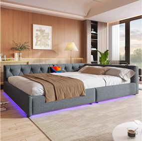 Sofa rozkładana 140x200 cm, szary len, łóżko dla dorosłych z oświetleniem LED i portem USB, stelaż z listew - bez materaca