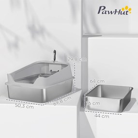 PawHut Kuweta ze stali nierdzewnej otwarta z łopatką, wysokie ścianki dla dużych kotów do 12 kg, 69,8 x 50,3 x 29,8 cm, Szara | Aosom PL