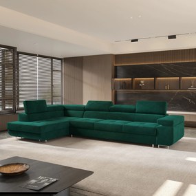 Masseno Narożnik VICENTE z funkcją spania i pojemnikiem na pościel Narozniki L, Rozkładana sofa - Zielony, MONOLITH 37