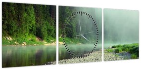 Obraz - rzeka przy lesie (z zegarem) (90x30 cm)