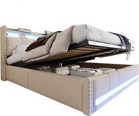 Podwójne tapicerowane łóżko ze schowkiem - 180 x 200 cm - z diodami LED + USB + zagłówek ze schowkiem - len + metal + sklejka + MDF - beżowy