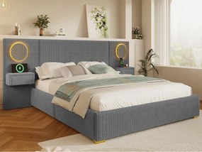 Łóżko tapicerowane 180x200 cm z francuskiego weluru - Z zagłówkiem LED, portem USB i 2 szufladami nocnymi - Szary (materac nie jest wliczony)