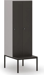 Drewniana szafa ubraniowa S4 z ławką, 2-drzwiowa, 1871 x 600 x 500/800 mm, demontaż, zamek mechaniczny z kodem, szary/grafitowy