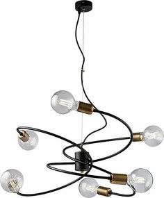 Lampa wisząca Vortex w kolorze czarnym, wykończenie w szczotkowanym mosiądzu, regulowany kabel stalowy, 6 lamp o średnicy 55 cm, elegancki wygląd
