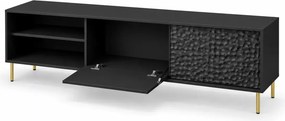 Nowoczesna szafka Pulset RTV-1 – komoda pod telewizor z frontami MDF, czarny mat, złote metalowe nogi – styl glamour