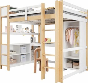 Łóżko piętrowe dla dzieci - 140 x 200 cm - z półkami + biurko + szafa - drewno - naturalne
