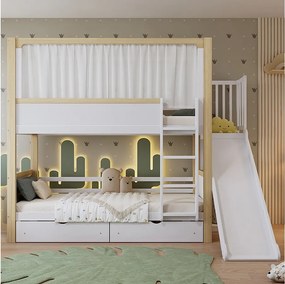 Łóżko piętrowe dla dzieci - 2 x 90 x 200 cm - z 2 szufladami + zjeżdżalnią + zasłoną materiałową - sosna + płyta MDF - białe