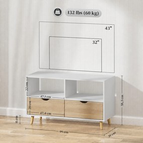 HOMCOM Szafka RTV z szufladami, Otwarci Półki, drewno, 99 x 39 x 58 cm, Biały