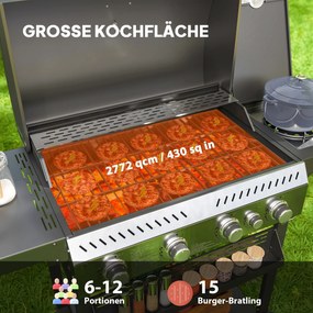 Outsunny Grill Gazowy BBQ, 4 Główne Palniki, 1 Boczny Palnik, 1 Płyta Do Podgrzewania; 135 x 55 x 103 cm, Czarny