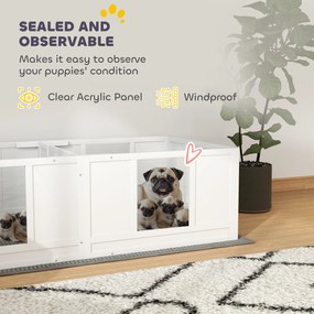 PawHut Skrzynia dla Szczeniąt, z Wodoodpornym i Możliwym do Prania Legowiskiem, Przezroczystymi Panelami, Projektem Dwuizbowym, dla Małych Psów