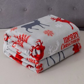Świąteczny mikro pluszowy koc MERRY CHRISTMAS DEER szary Rozmiar: 200 x 220 cm