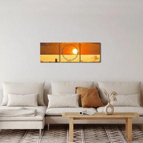 Obraz - Zebry z zachodem słońca (z zegarem) (90x30 cm)