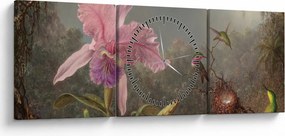 Obraz - Martin Johnson Heade, Cattleya Orchid and Three Hummingbirds, reprodukcje (z zegarem) (90x30 cm)