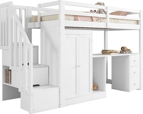 Łóżko mezzanine 90x200cm z drewna - z szafą, biurkiem i schodami do przechowywania - Białe