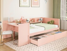 Łóżko proste dla dziecka 90x200 cm - z biurkiem - z 2 szufladami - z półkami - drewno lite - różowe (bez materaca)