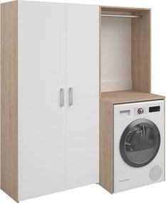 Mebel pod pralkę z szafą ubraniową i podwójną kolumną z drzwiami – Jasny naturalny i biały – S156 x W184 – ERKANO