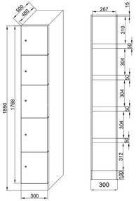 Szafka skrytkowa, 5 schowków, 1850 x 300 x 500 mm, demontaż, zamek RFID, drzwi zielone