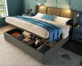 Łóżko z pojemnikiem 160x200cm z ekoskóry - z lampkami do czytania i portami USB - z stelażem na listwach - Szare