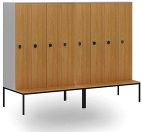 Drewniana szafa ubraniowa S4 z ławką, 4-drzwiowa, 1871 x 1200 x 500/800 mm, demontaż, zamek kodowy, szary/brzoza