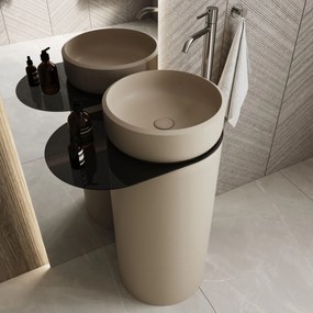 Umywalka z konglomeratu wolnostojąca okrągła z półką szklaną 85 x 40 cm RONA bez przelewu | Różne kolory półki : Kolor szkła - Czarny, Kolor umywalki RONA - Beż matowy, Podłączenie syfonu - Do podłogi, Półka - Szklana