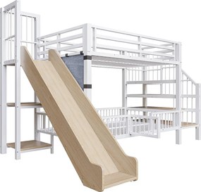 Łóżko piętrowe metalowe dla dzieci - 2 x 90 x 200 cm - ze zjeżdżalnią + schodki do przechowywania + wbudowane półki - białe