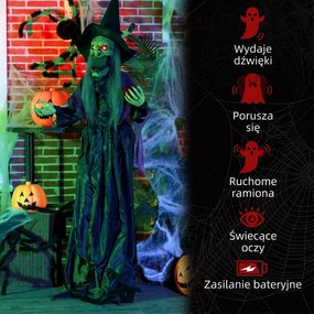 HOMCOM Czarownica z Jadowitym Jabłkiem, Dekoracje Helloweenowe, Straszne Dźwięki, Czerwone Oczy, Ruchome Ramiona, 180 cm