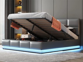 Łóżko ze schowkiem i regulowanym zagłówkiem - 160 x 200 cm - skóra ekologiczna - diody LED - kolor szary