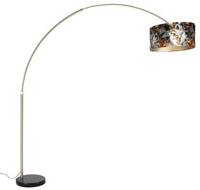 Luk Lampa łukowa mosiężna z czarnym abażurem w kwiatowy wzór 50 cm - XXL klasyczny/Antyczny Oswietlenie wewnetrzne