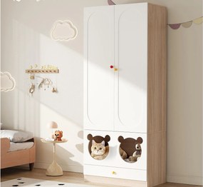 Szafa dziecięca 80x50x200 cm - z wieszakiem na ubrania - z łóżkiem dla kota - 2 drzwi - biały + naturalny