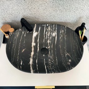 Umywalka ceramiczna nablatowa marmurowa owalna czarna 60 x 42 cm MARMO black matt