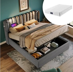 Łóżko z pojemnikiem 140 x 200 cm - Łóżko podwójne z lampką do czytania z akumulatorem - szary aksamit - materac w zestawie