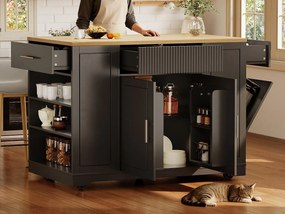 Mobilna wyspa kuchenna - 3 fronty i 2 szuflady - Otwarte półki - Z segmentem na śmieci - MDF - Czarny