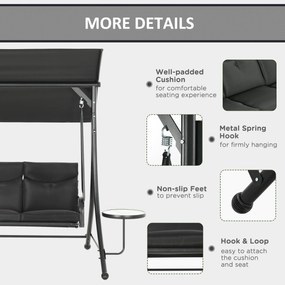 Outsunny Huśtawka Hollywood, Ławka Huśtawkowa, 3-osobowa Huśtawka Ogrodowa z Regulowanym Daszkiem, 278 x 125 x 177 cm, Czarna
