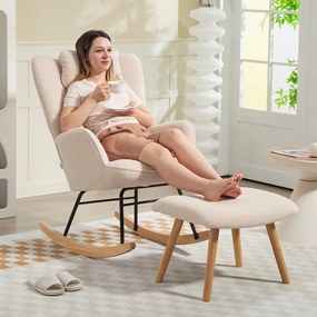 HOMCOM Fotel bujany z podnóżkiem, miękki polar, drewniane nogi, poduszka, wysokie oparcie, fotel bujany, Beżowy | Aosom PL