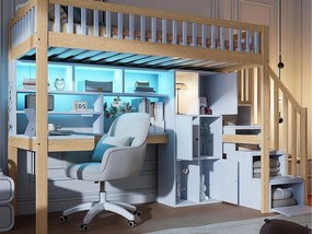 Łóżko piętrowe 90×200 cm - z oświetleniem LED - schody ze schowkiem + półki - z biurkiem - białe + naturalne (materac nie jest zawarty)