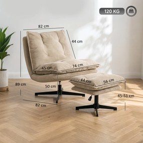 HOMCOM Fotel lounge z pufą, 360° obrotowy, tapicerka sztruksowa, regulowana podpórka pod stopy, beżowy | Aosom PL