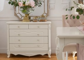 Elegancka komoda do salonu lub komoda do sypialni Gabrielle, kolor ecru, stylizowana. 5 szuflad. Kolekcja mebli w stylu francuskim La Perle.