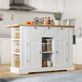 Mobilna wyspa kuchenna z 3 szufladami, 2 drzwiami i półkami - rozkładany blat - 132 x 40/70 x 87 cm - drewno MDF - biały + naturalny