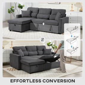 HOMCOM Regulowana sofa rozkładana w kształcie L, narożna sofa dla gości z funkcją łóżka, schowkiem, poduszkami, do salonu, pokoju gościnnego, szara