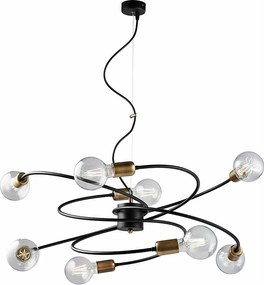 Vortex lampa wisząca czarne żelazo, szczotkowany mosiądz, regulowany kabel, 8 lamp, Ø70 cm