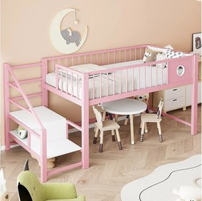 Łóżko piętrowe dla dzieci - 90 x 200 cm - z drabinką do przechowywania - metalowa rama - różowe