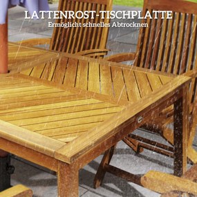 Outsunny Składany stół ogrodowy 150x85cm, Wodoodporny stół balkonowy z drewna, 6-osobowy z otworem na parasol, Design z lamelami Teak