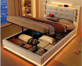 Tapicerowane łóżko z pojemnikiem 140x200cm - z oświetleniem LED - z komorą do przechowywania - USB+TYPE-C - len - beżowe (materac nie wliczony)