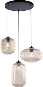Lampa wisząca Glamour z czarnego lakierowanego żelaza, regulowane kable, klosze z bursztynowego szkła dmuchanego z wzorem w paski, 3 światła